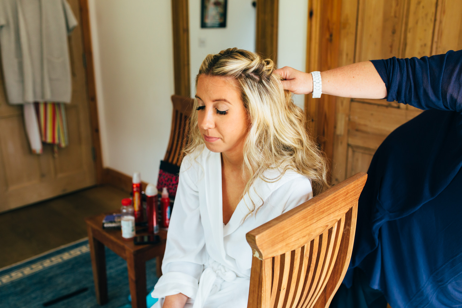 bridal hair styling at chaucer barn by wedding photographer emily tyler