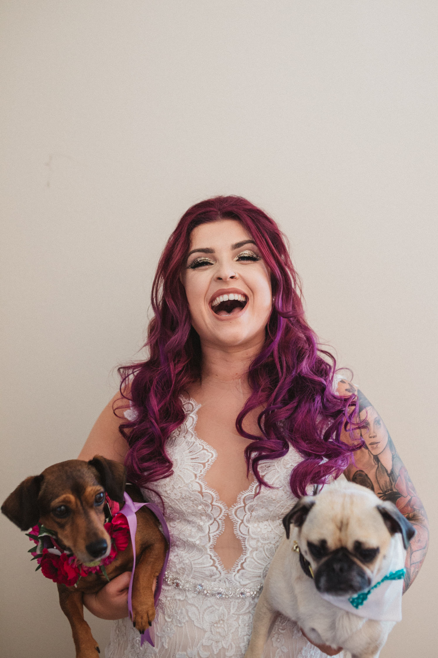 helen anderson purple haired bride in her wedding dress holding dogs