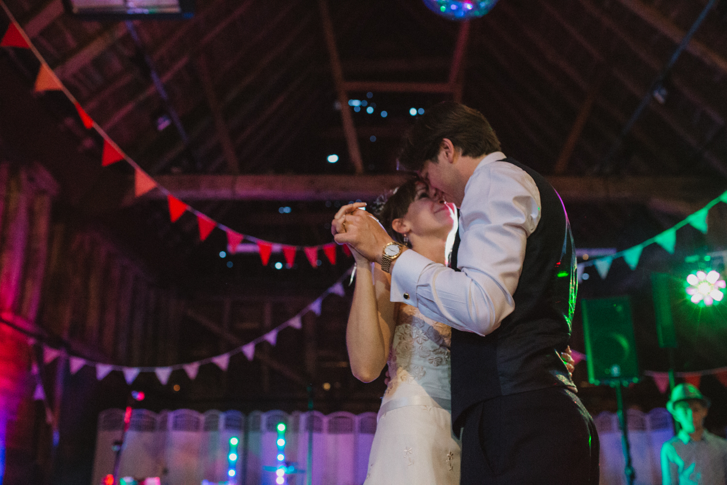 relaxed bride and groom doing their first dance at blackthorpe barn