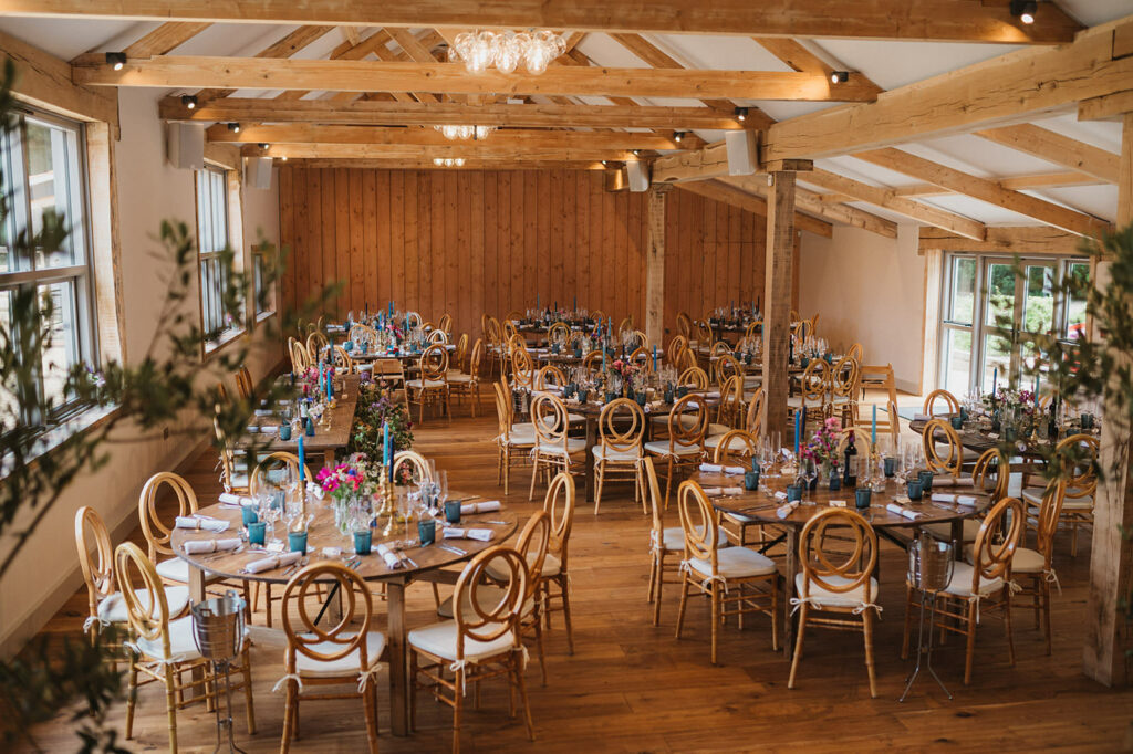 The mulberry room at Worstead Estate Woodyard in Norfolk dressed for a wedding